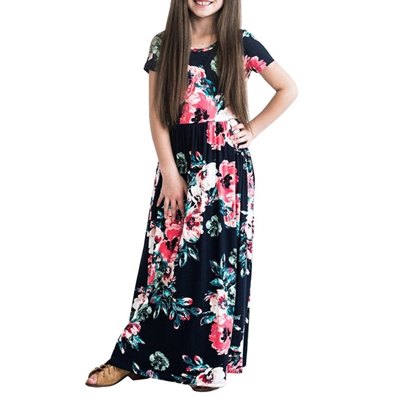 YIJODM Girls Dark Blue Floral Maxi Dress, Short Sleeves with Pockets, Ages 5-12, Spring/Fall - Image 1